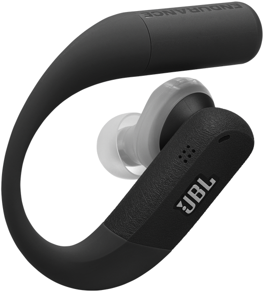 Fekete JBL Endurance vezeték nélküli fülhallgató. Szürke füldugók. Fülkampó és test fekete. JBL logó látható.