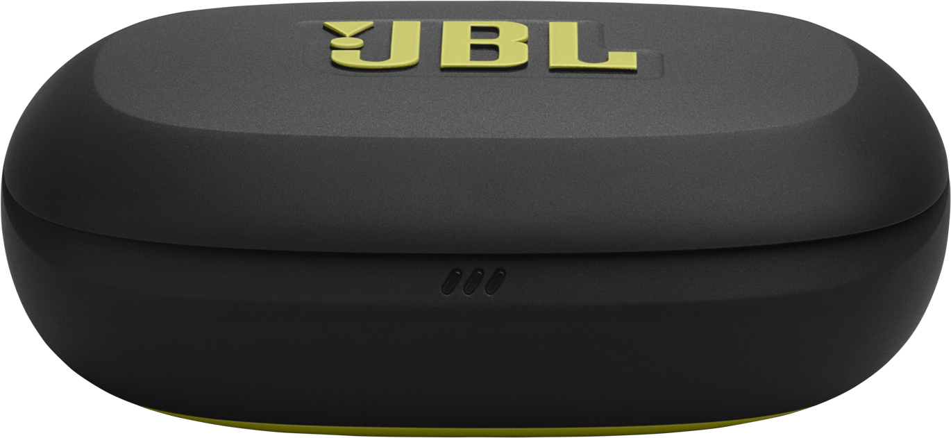 Egy fekete, ovális formájú JBL fülhallgató tok. A JBL logója sárga. Az alján sárga díszítés látható.