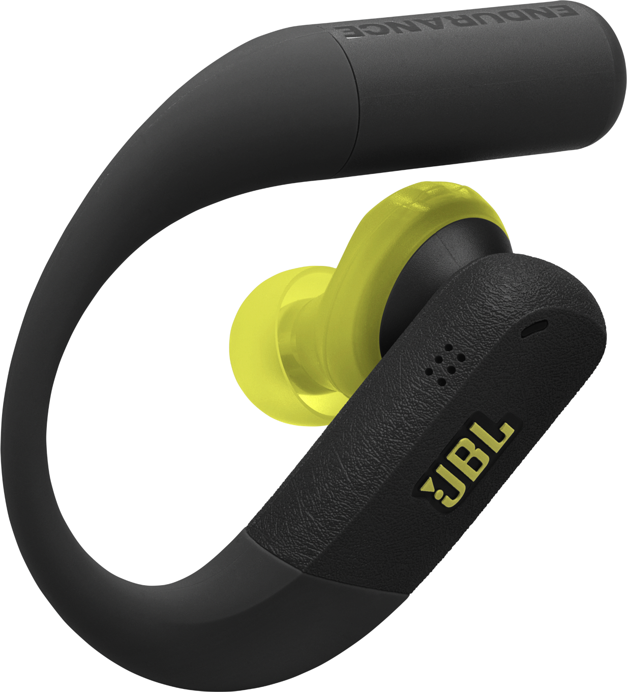 Fekete-sárga JBL Endurance fülhallgató. A fülhallgató fekete fülhoroggal és sárga füldugóval rendelkezik. A JBL logó látható.