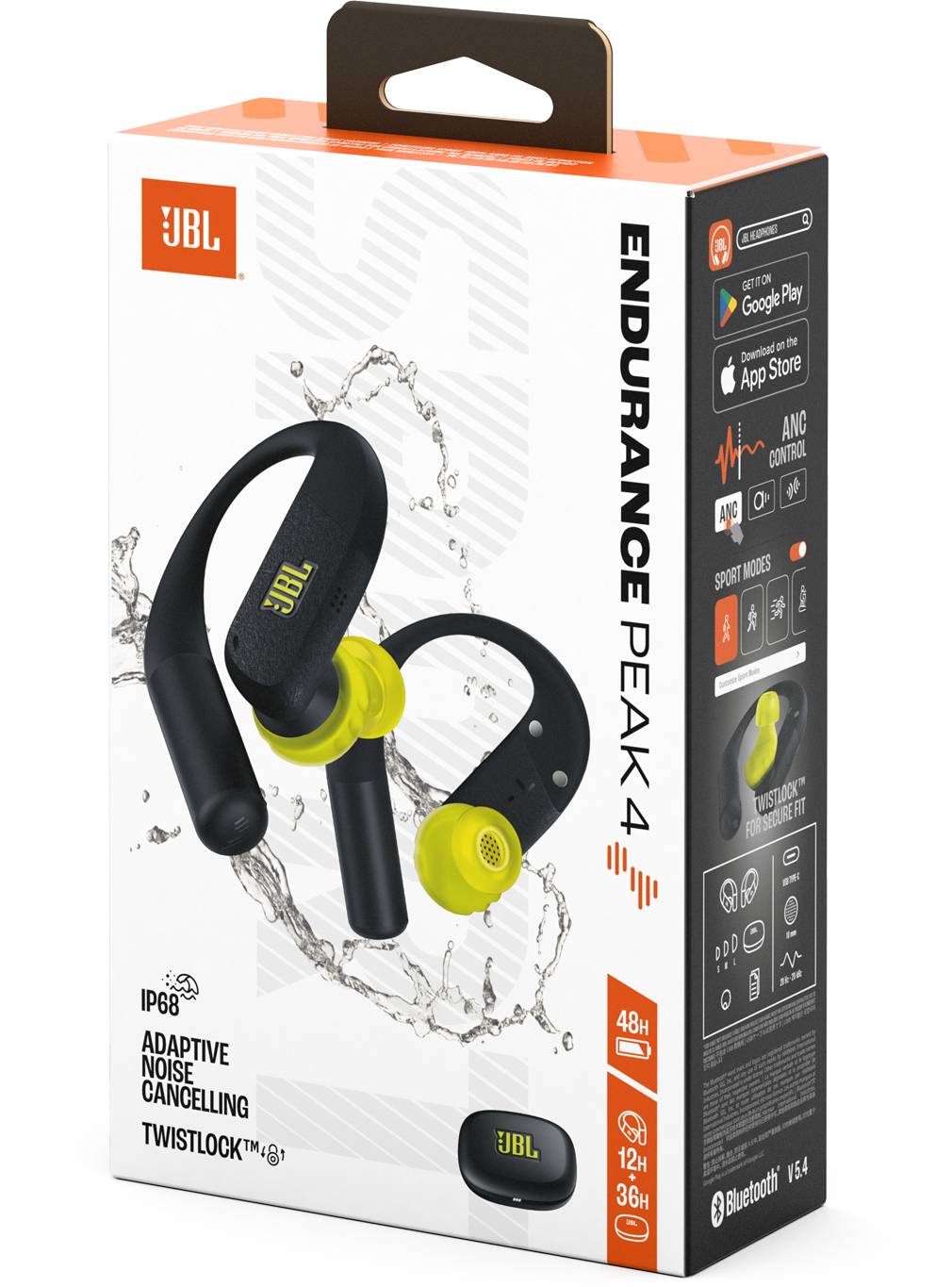 JBL Endurance Peak 4 fejhallgató doboz. Fekete és sárga fülhallgatók. Jellemzők: zajszűrés és Twistlock technológia.