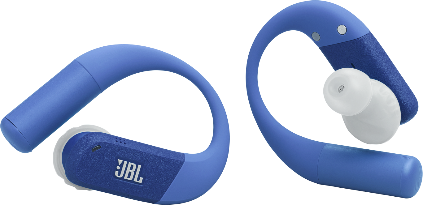 Két kék és sötétkék JBL fülhallgató, fülhallgató stílusban. Fehér fülhegyek. A háttér világoskék.