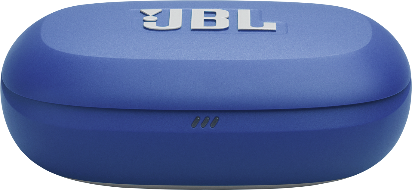 Kék JBL fülhallgató töltőtok. Fehér JBL logó felül. Három pont alul. Ívelt kialakítás fekete háttérrel.