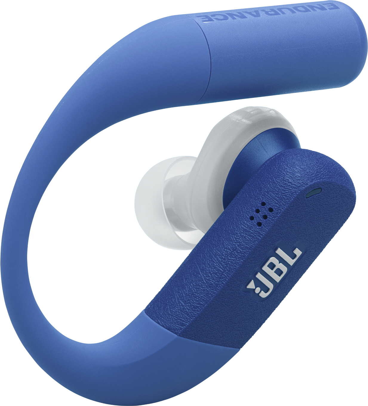 Kék-fehér JBL Endurance vezeték nélküli fülhallgató. Jellemzői közé tartozik az ívelt design és a JBL logó.
