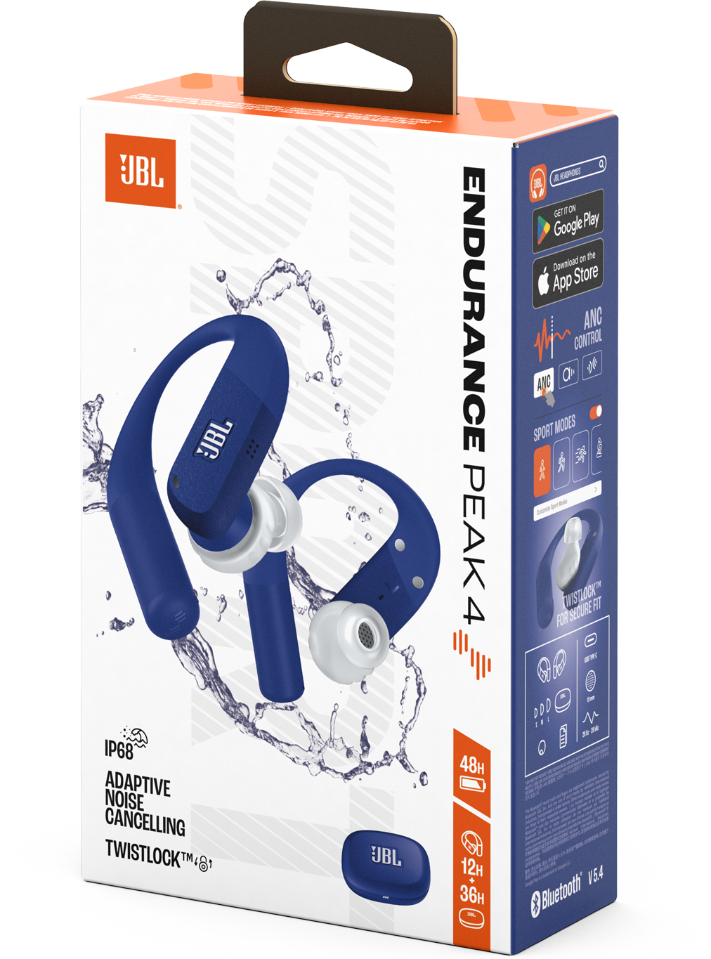 JBL Endurance Peak 4 fejhallgató doboz. Kék fejhallgató fehér fülhallgatóval. Jellemzői a zajszűrés és a Twistlock a biztonságos illeszkedésért.