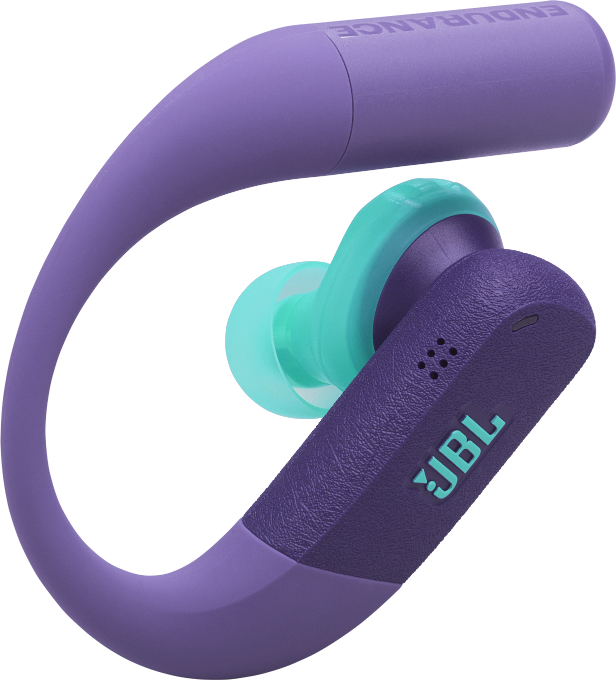 Lila és türkiz JBL fülhallgatók. A fejhallgatók körbefutó kialakításúak, türkiz fülhegyekkel, látható JBL logóval.