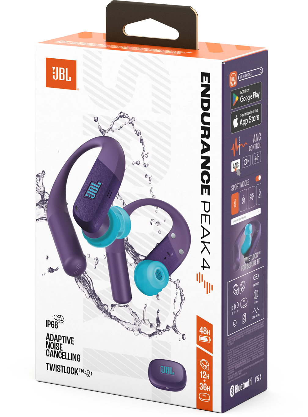 JBL Endurance Peak 4 fejhallgató doboza. Lila és türkiz fülhallgatók vízfröccsenés effektussal. Jellemzők: ANC, Twistlock és 48 órás akkumulátor.
