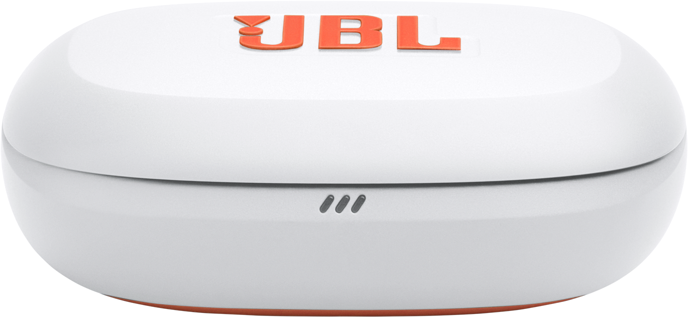 Fehér JBL fülhallgató tok. Narancssárga JBL logó felül. Három pont alul. Lekerekített design.