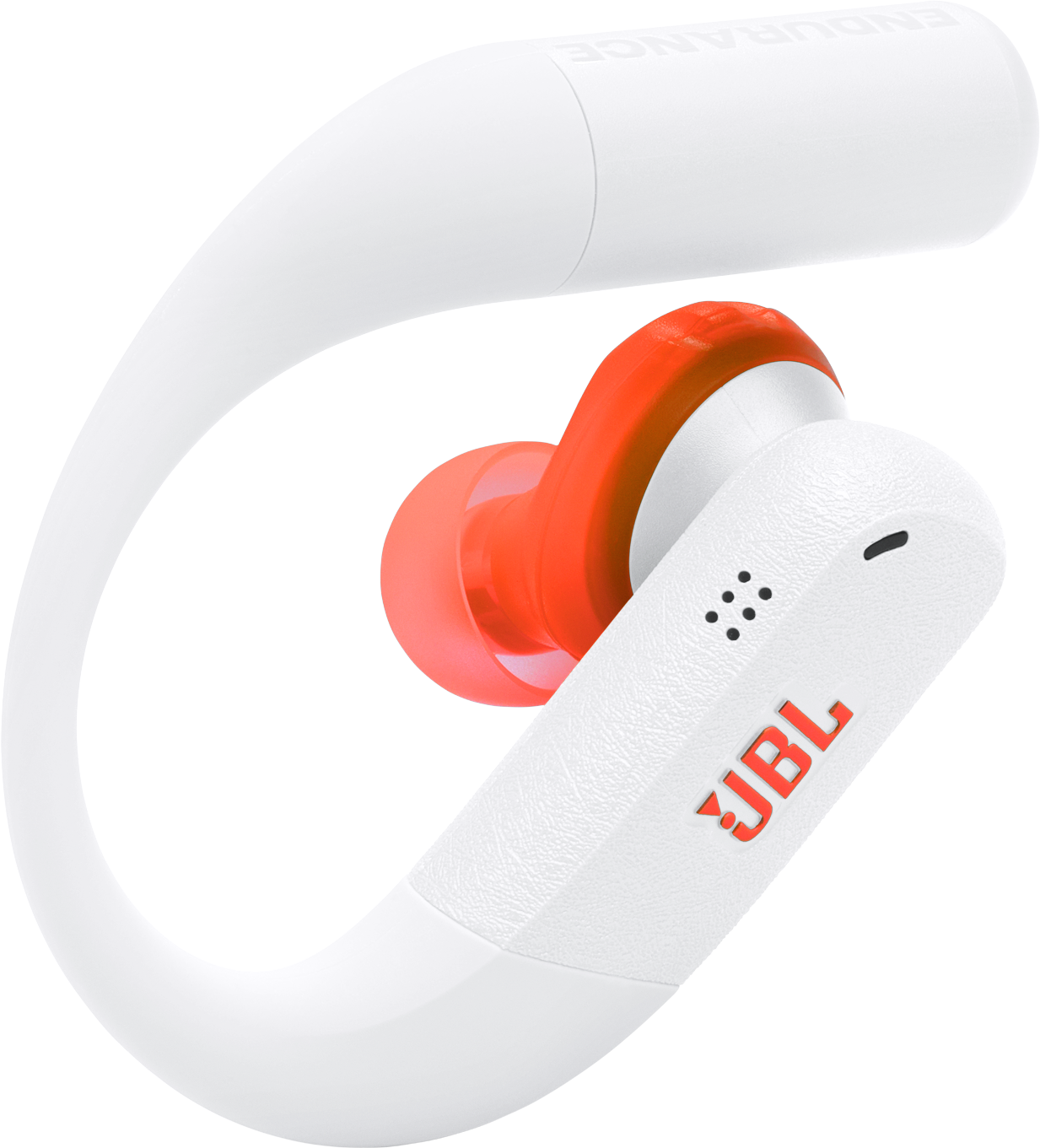 Fehér és narancssárga JBL fülhallgató. A fülhallgató fehér testtel, narancssárga díszítéssel és ívelt tartóval rendelkezik. A JBL logó látható.