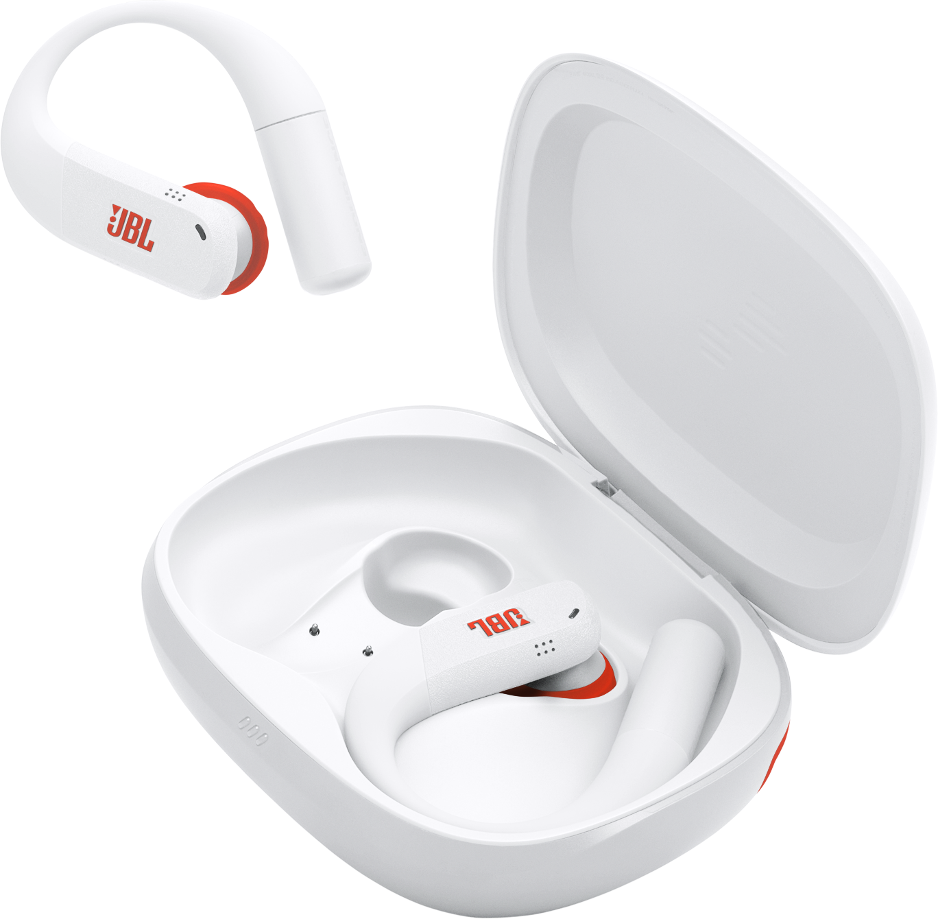 Fehér JBL fülhallgató fehér tokban. A fülhallgatók narancssárga díszítéssel és JBL logóval rendelkeznek. A tok nyitva van.