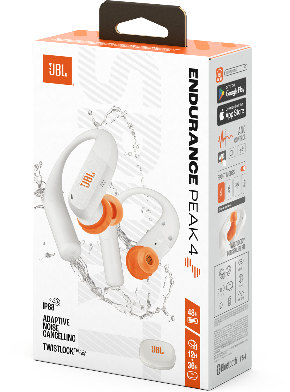 JBL Endurance Peak 4 fülhallgatók dobozban. Fehér fülhallgatók narancssárga hegyekkel. A doboz termékinformációkat és alkalmazás letöltési lehetőségeket tartalmaz.
