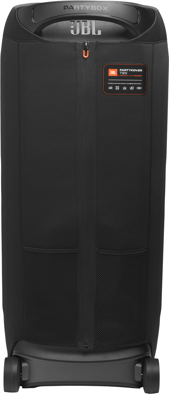 Schwarze JBL PartyBox 720 Lautsprecherabdeckung. Mit Reißverschluss, Griff, Rädern und orangefarbenem Akzent.