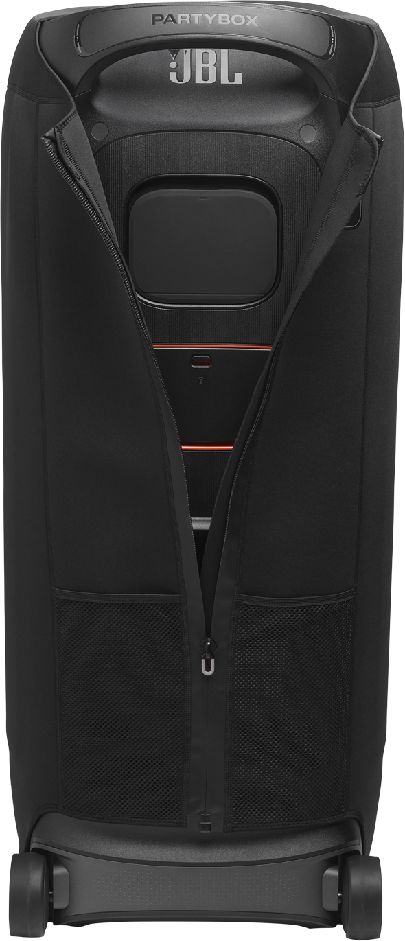 Schwarzer JBL Partybox-Lautsprecher mit Reißverschluss. Der Reißverschluss ist teilweise geöffnet und gibt den Blick auf das Design frei.