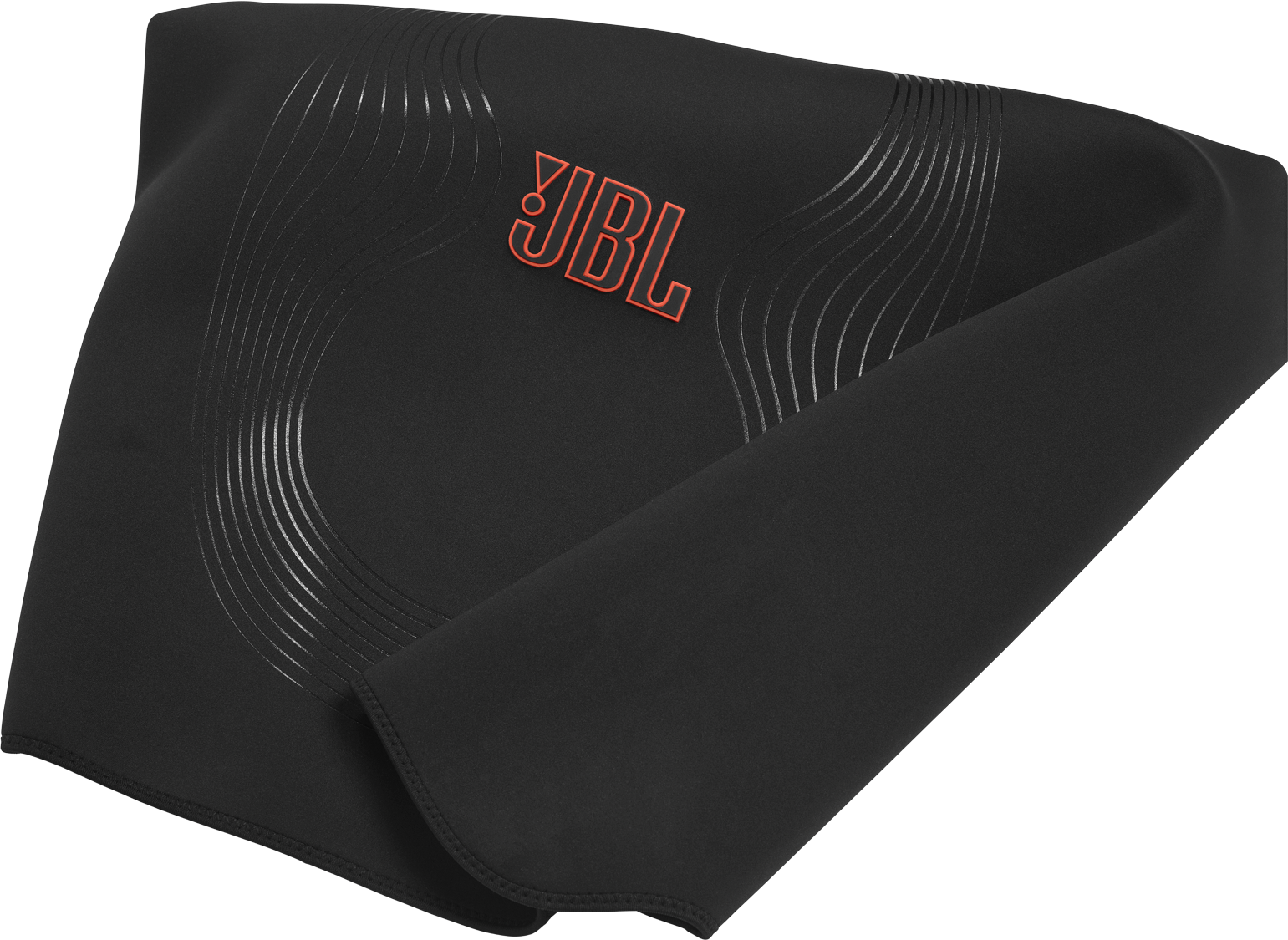 Schwarzes Gewebe mit rotem JBL-Logo. Gebogene Linien sind geprägt. Das Gewebe ist auf sich selbst gefaltet.