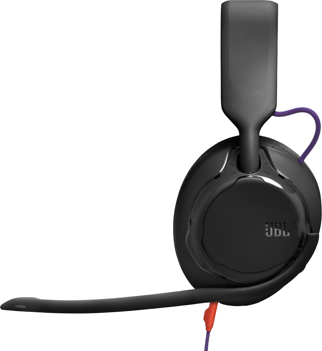 Fekete JBL gamer headset. Van mikrofonja, lila és narancssárga kábele, és fekete háttér.