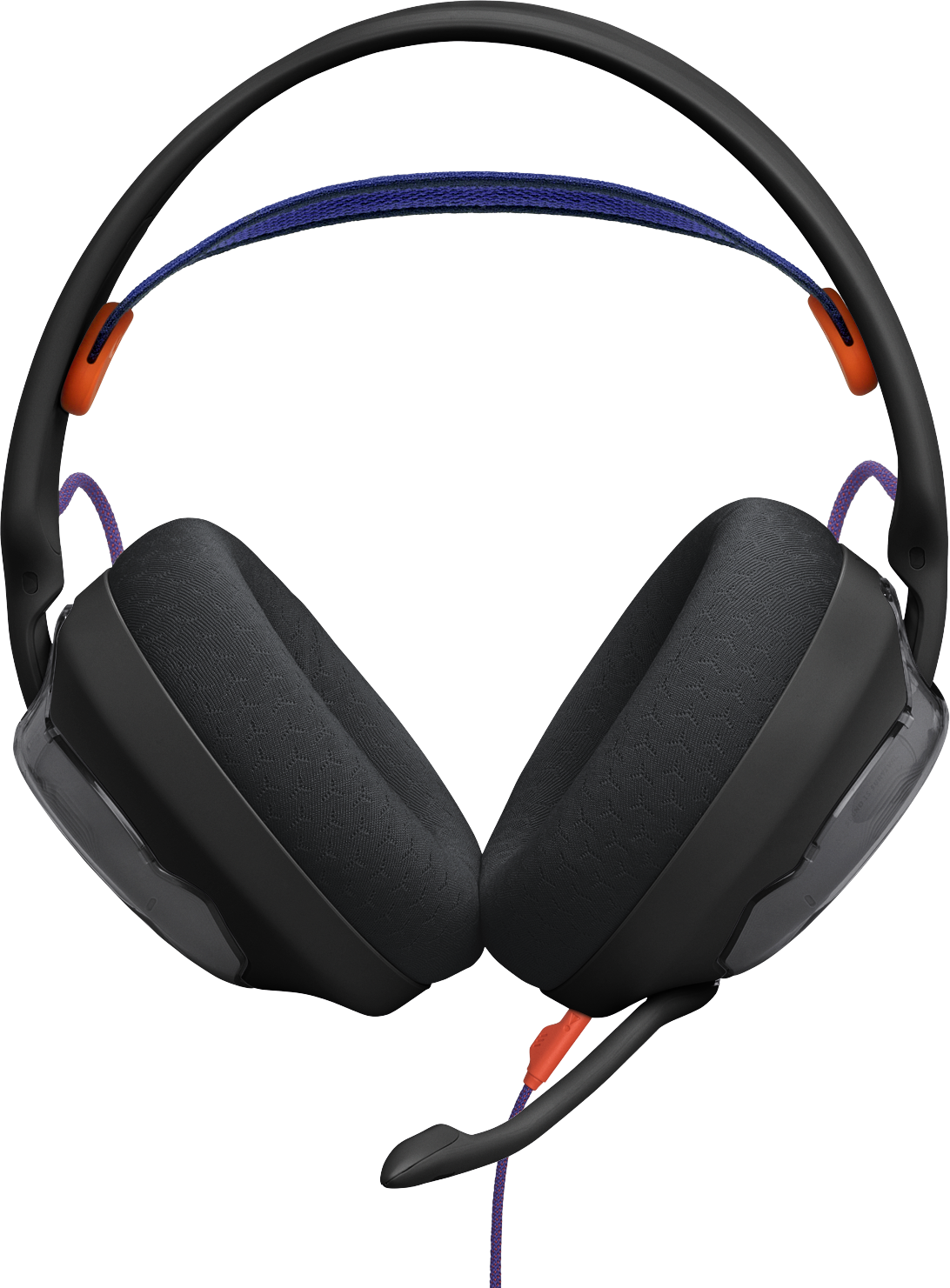 Fekete gamer headset kék és narancs elemekkel. Mikrofonnal és lila kábellel. Fekete háttér előtt.