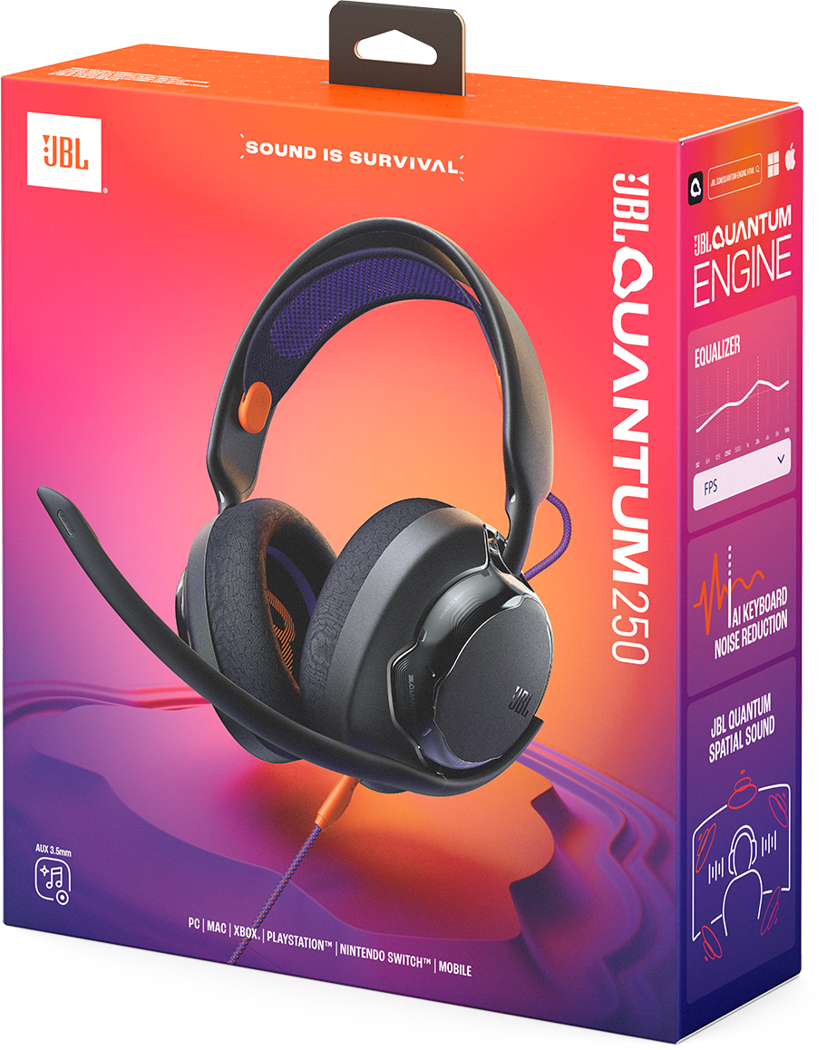 JBL Quantum 250 gaming headset a dobozában. A doboz narancssárga és lila, a headset látható. A háttér egy színátmenet.