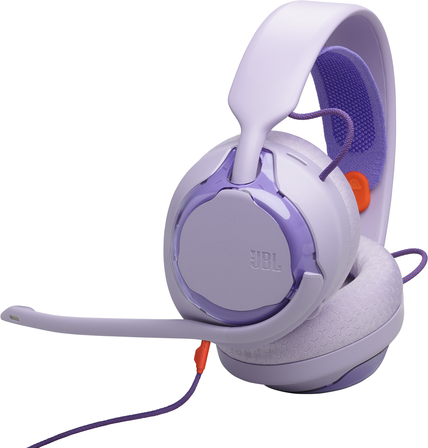 Egy világos lila JBL gamer headset mikrofonnal. Narancssárga díszítéssel és fonott lila kábellel rendelkezik.