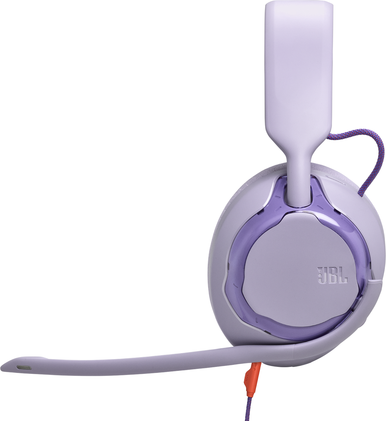 Egy levendula színű JBL gamer headset. Van egy mikrofonja, lila kábele és narancssárga csatlakozója. A háttér fekete.