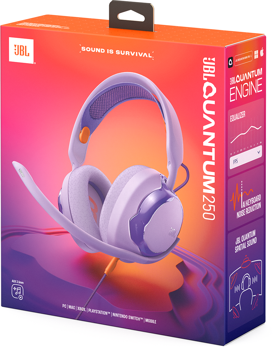 JBL Quantum 250 headset doboz. Lila fejhallgató és narancssárga kábel belül. A doboz termékjellemzőket és márkajelzést mutat.