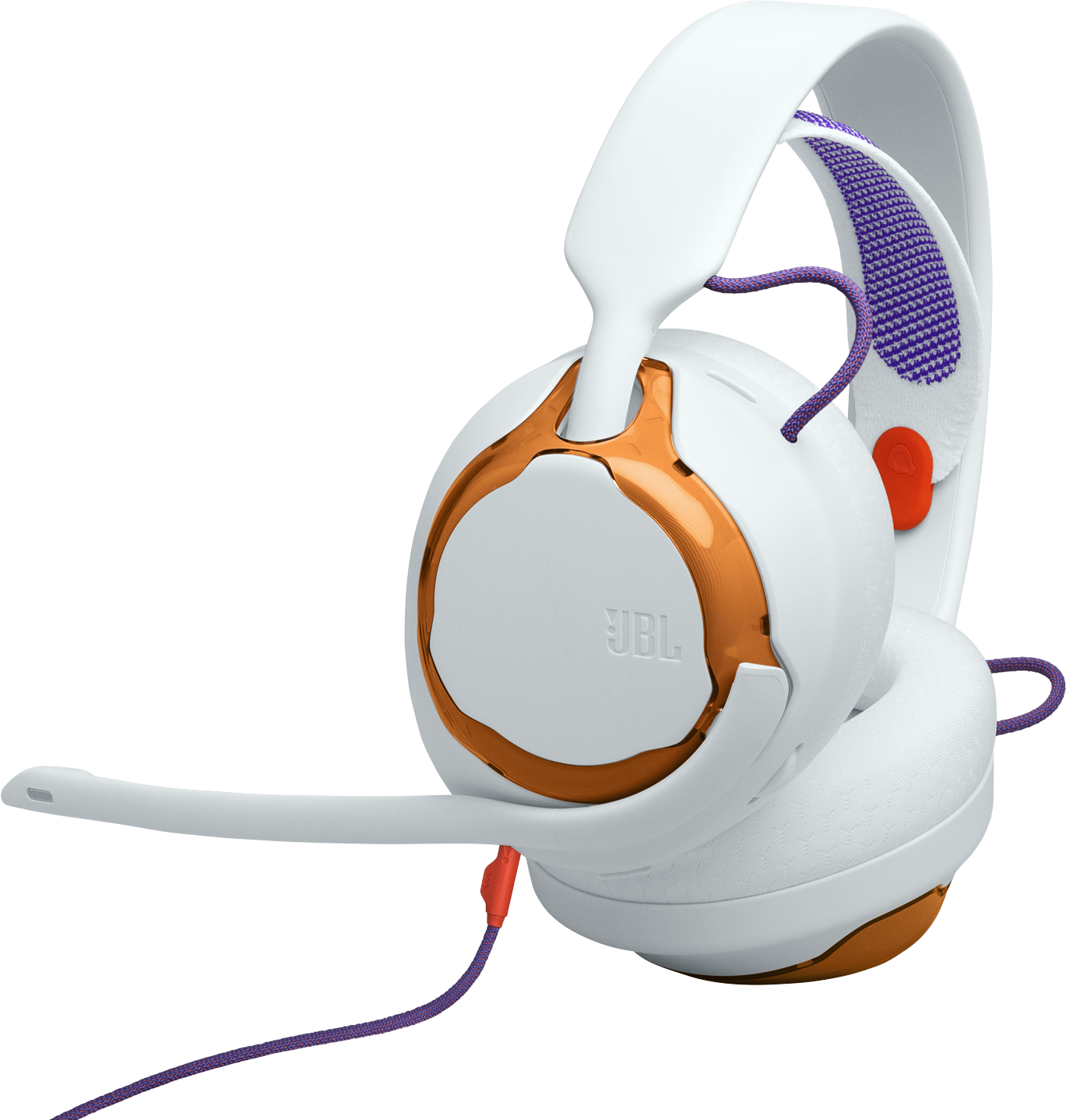 Fehér JBL gaming headset rézszínű díszítéssel. Mikrofonnal és lila kábellel. A háttér fekete.