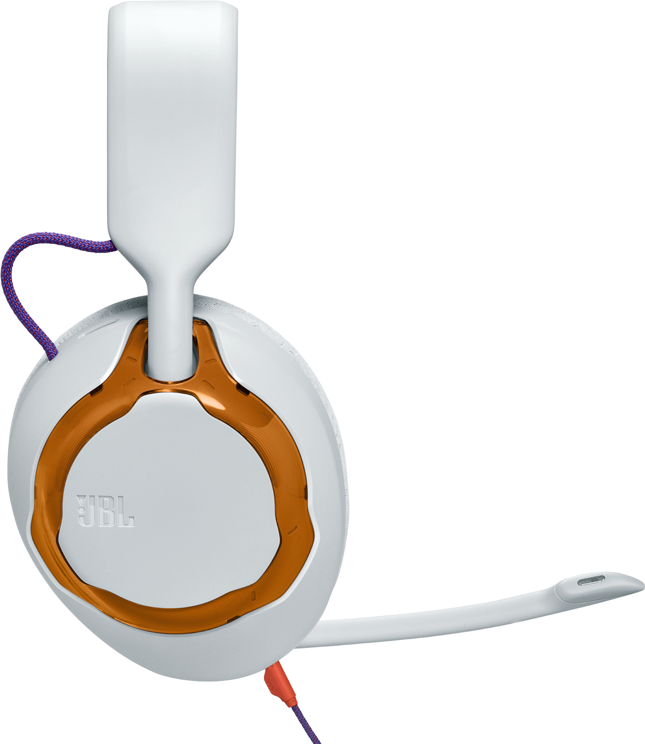 Fehér és narancssárga JBL headset mikrofonnal. Lila és piros kábel látható. Fekete háttér.