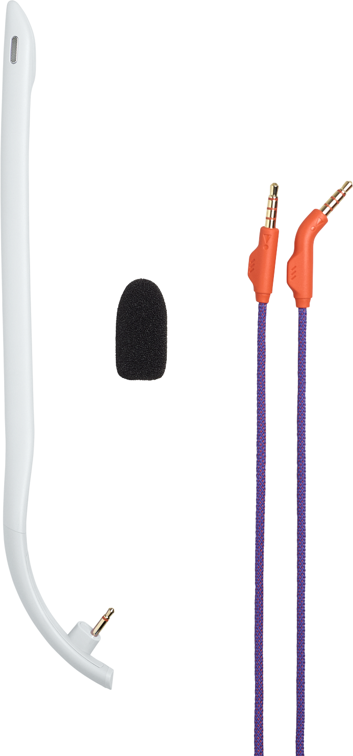 Fehér headset mikrofonnal és narancssárga jack kábelekkel. A mikrofon fekete. A kábelek lila és piros szövött mintázatúak.