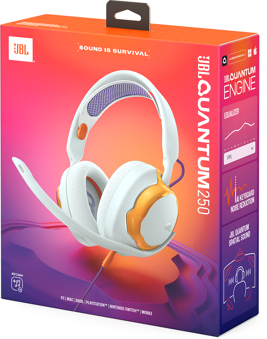 JBL Quantum 250 fejhallgató doboza. Fehér-narancs fejhallgató egy doboz előtt, szöveggel és grafikával.