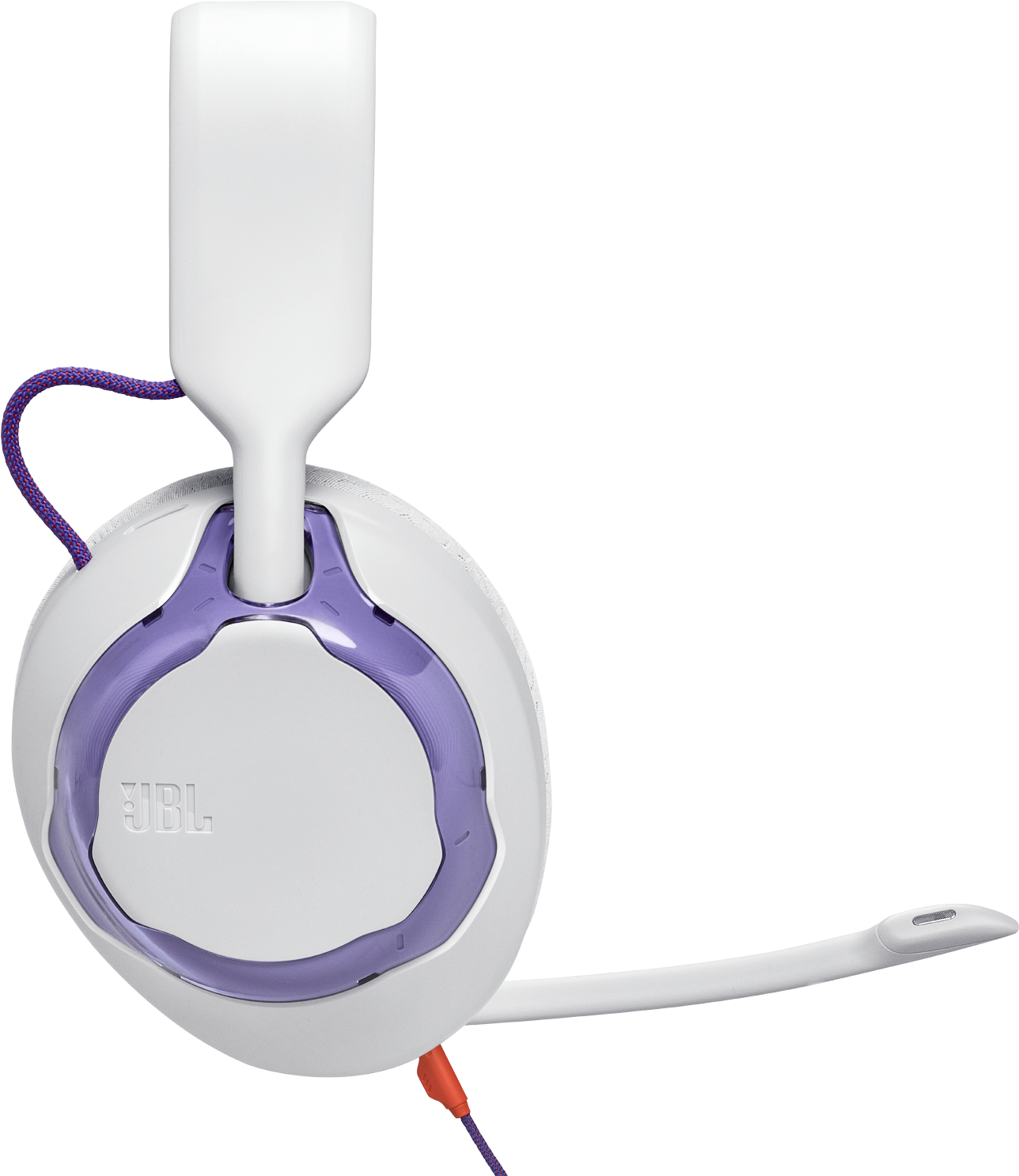 Fehér JBL gaming headset lila részletekkel. Mikrofonnal, lila-narancs kábellel. A háttér fekete.