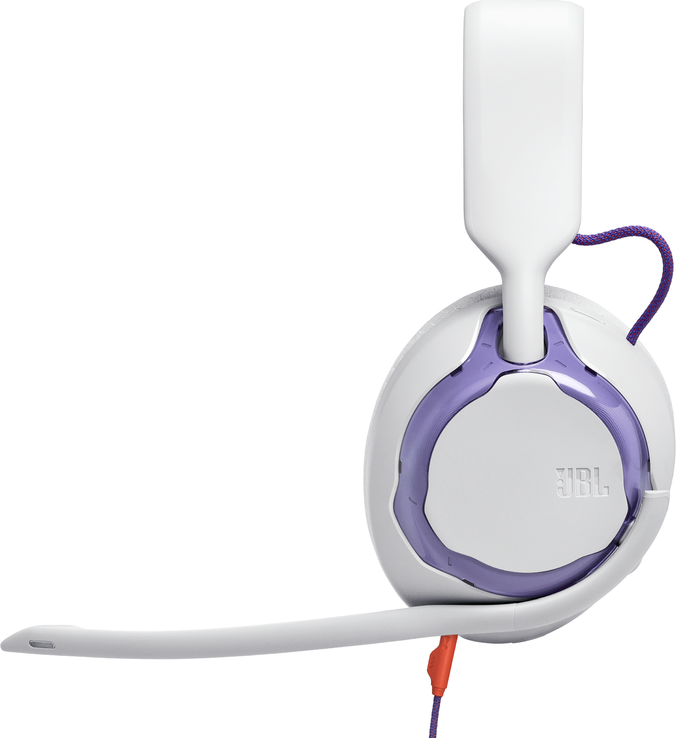 Fehér-lila JBL gaming headset rugalmas mikrofonnal, lila kábellel és narancssárga csatlakozóval fekete háttér előtt.
