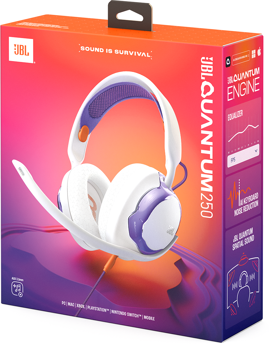 JBL Quantum 250 fejhallgató egy dobozon. Fehér, lila és narancssárga színvilág. Jellemzők: zajcsökkentés, térhatású hangzás és equalizer.