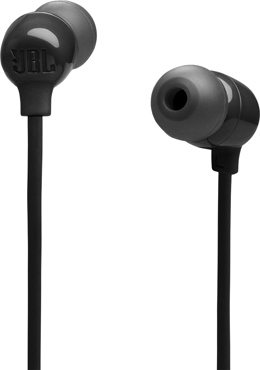 Fekete JBL fülhallgatók fehér háttérrel. Az egyik fülhallgatón a JBL logó látható. A vezetékek feketék.