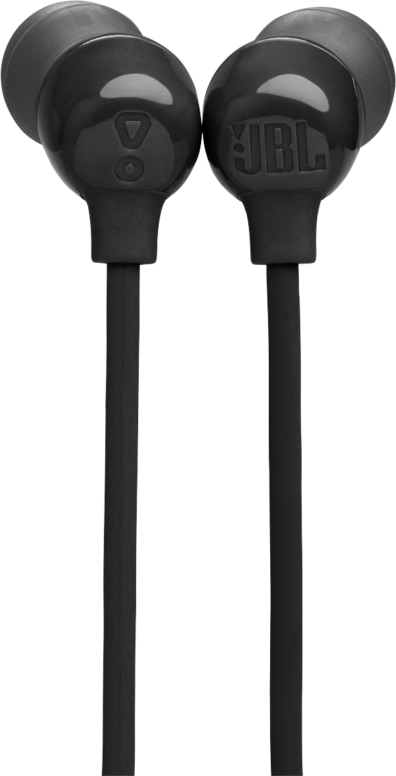 Közelkép fekete JBL fülhallgatókról. A bal oldali fülhallgatón van egy vezérlőgomb. A jobbon a JBL logó.