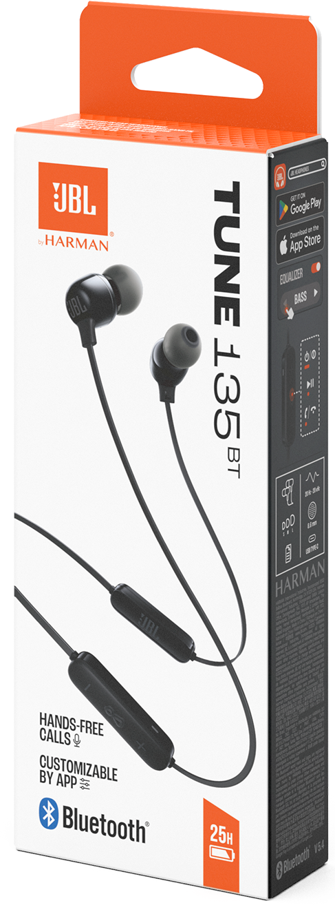 JBL Tune 135BT fejhallgató doboz. Fekete fülhallgatók fehér dobozon, narancssárga díszítéssel. Bluetooth és 25 óra akkumulátor-üzemidő.