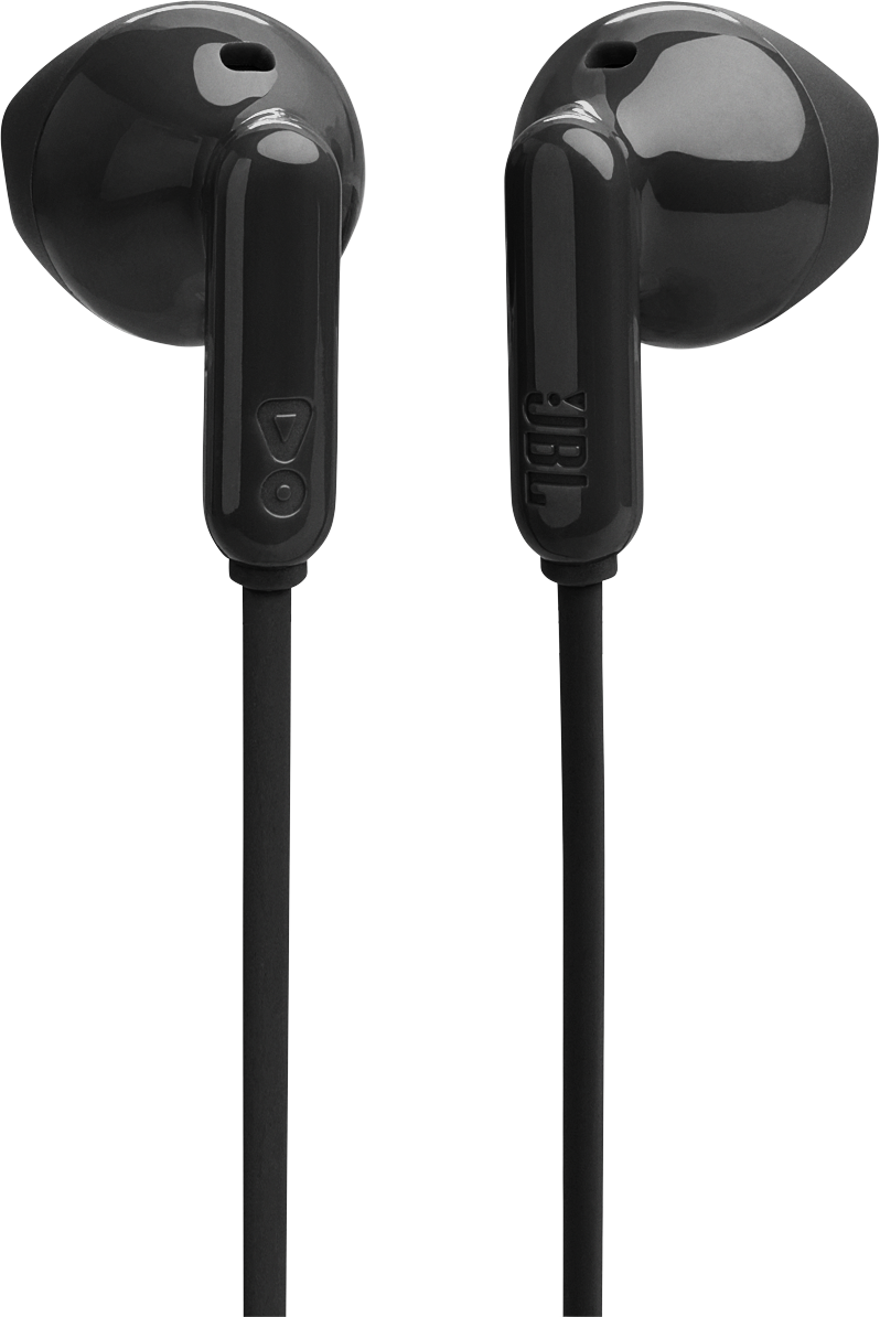 Közelkép fekete JBL fülhallgatókról. A fülhallgatókat vékony fekete vezetékek kötik össze. A JBL logó látható.