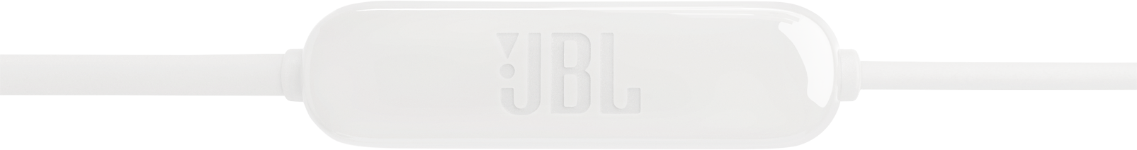 Fehér JBL fülhallgató kábel. A kábelen egy fehér kapszula van a JBL logóval. A kábel fehér háttéren van.