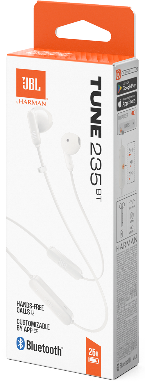 JBL Tune 235BT fülhallgató doboz. Fehér fülhallgató a dobozon. Narancs és fehér színek. Bluetooth és 25 óra akkumulátor.