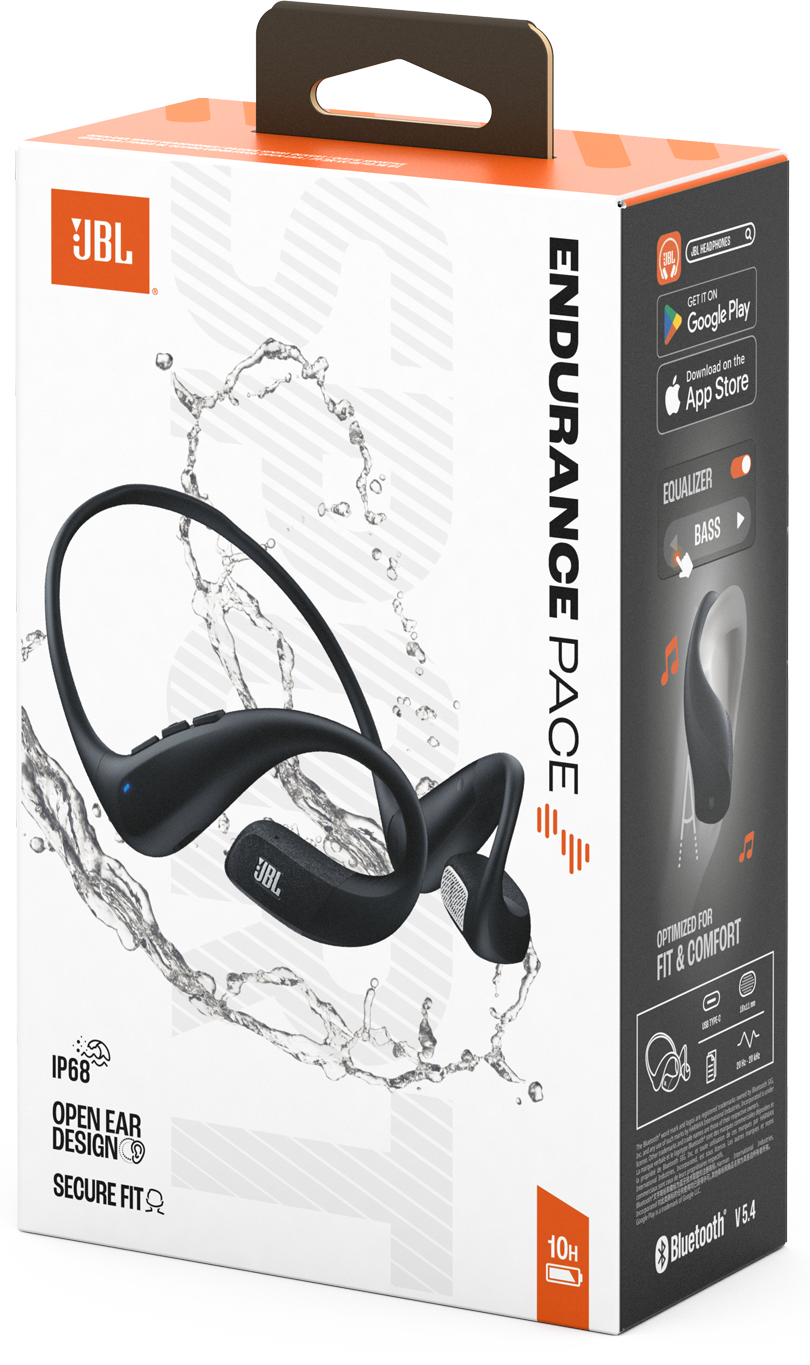 Fekete JBL Endurance Pace fejhallgató dobozban. A doboz fehér és narancssárga, vízfröccsenés grafikával.