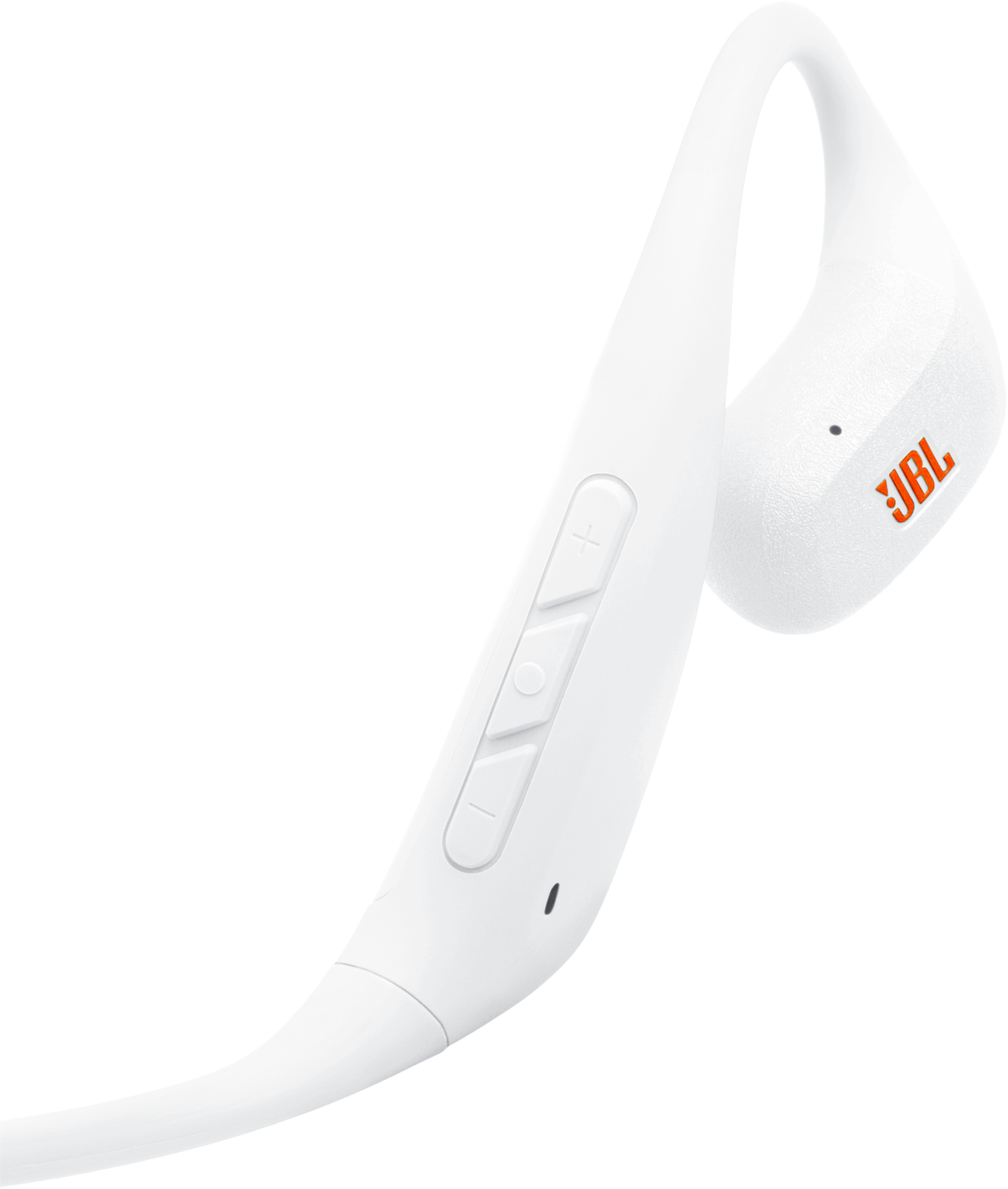 Fehér JBL fülhallgató. A fülhallgatón a JBL logója narancssárga színű. Hangerőszabályzóval és fül köré illeszkedő kialakítással rendelkezik.