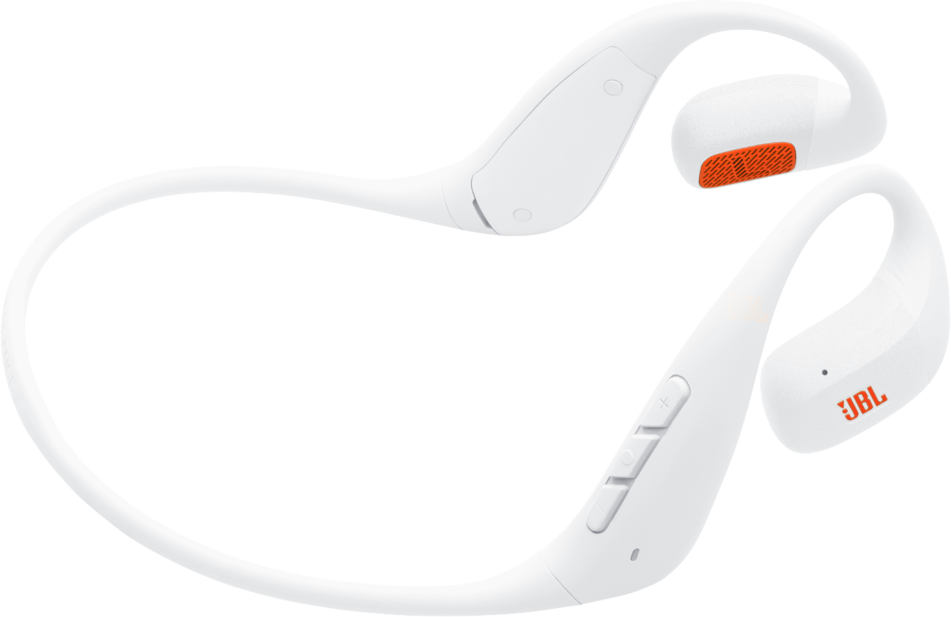 Fehér JBL sport fejhallgató narancssárga részletekkel. Fülkampókat, hangerőszabályzót és a JBL logót tartalmazza.