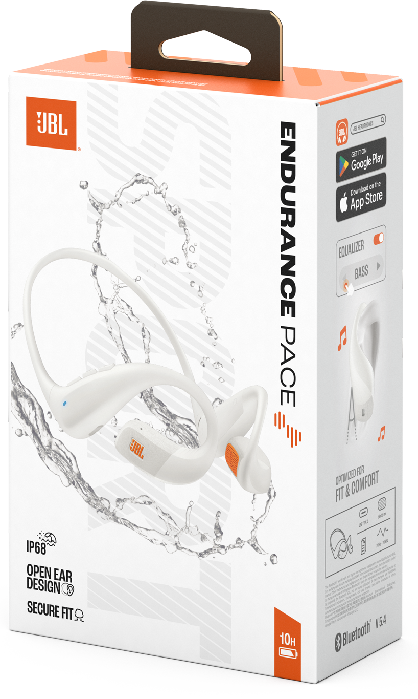 Fehér JBL Endurance Pace fejhallgató, dobozon a termék jellemzői, beleértve az IP68-at, nyitott fül kialakítást és 10 órás akkumulátort.