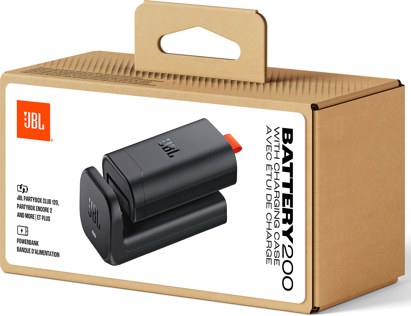 Egy JBL Battery 200 termék doboza. Azt mutatja az akkumulátort és a töltőtokot. A doboz barna, JBL logóval és termékadatokkal.