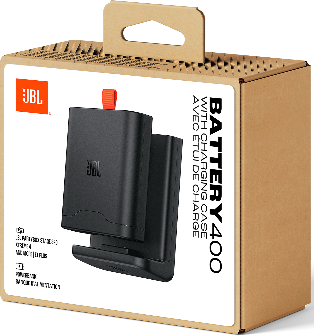 A JBL Battery 400 töltőtokkal egy kartondobozban van. A dobozon a JBL logó, fekete készülék és narancssárga fogantyú látható.