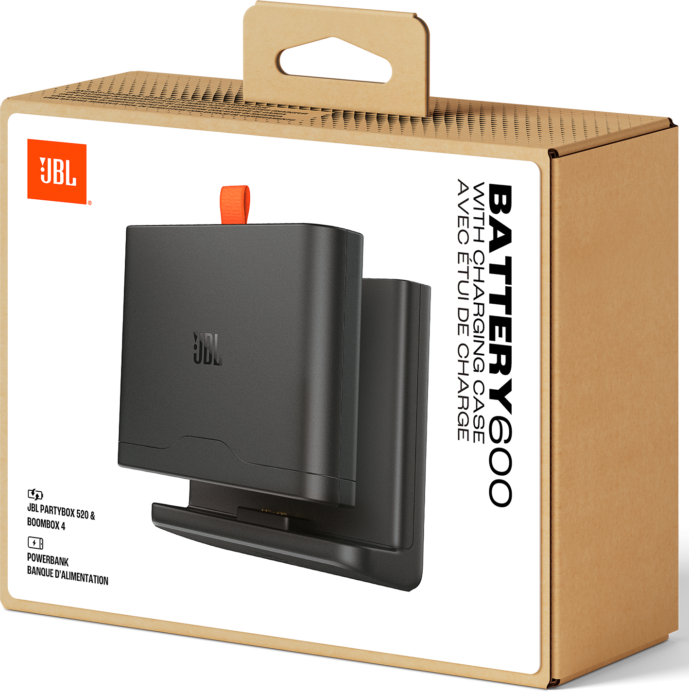Egy JBL Battery600 töltőtok kartondobozban. A dobozon a JBL logója, a termék neve és adatai láthatók. A tok fekete, narancssárga fogantyúval.