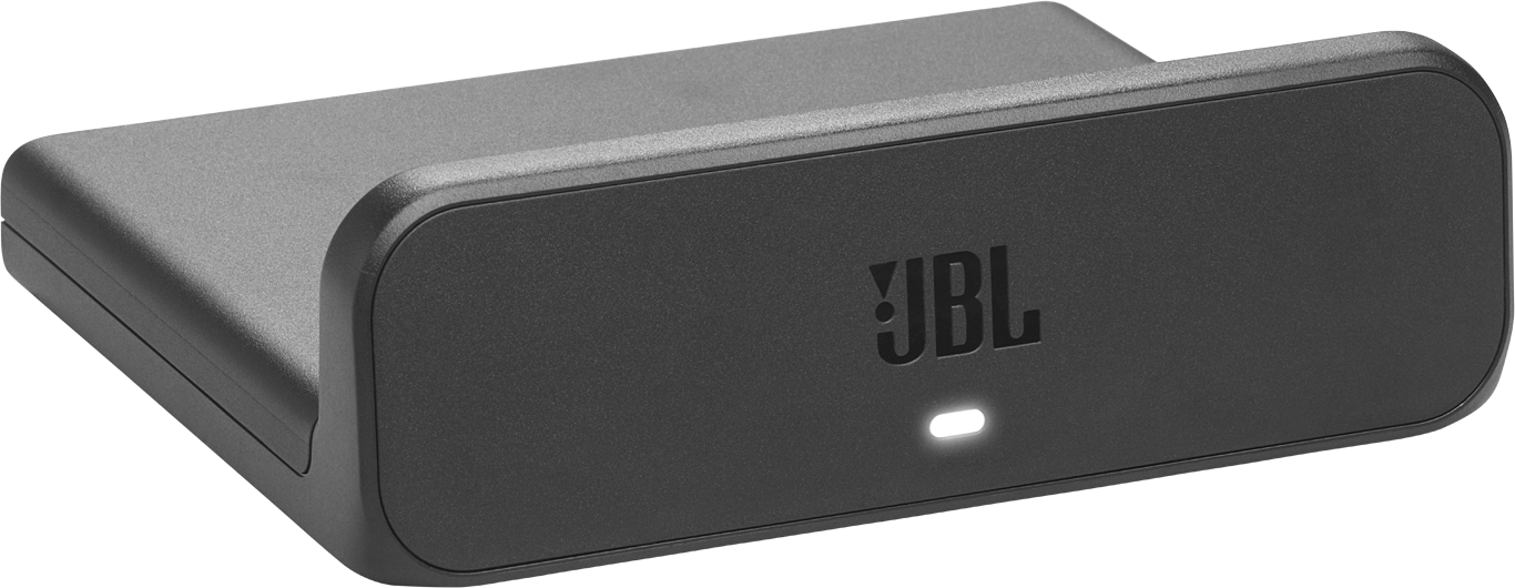 Egy fekete JBL töltőállomás. JBL logóval, egy kis fehér fénnyel és ívelt kialakítással rendelkezik. A háttér egyszerű.