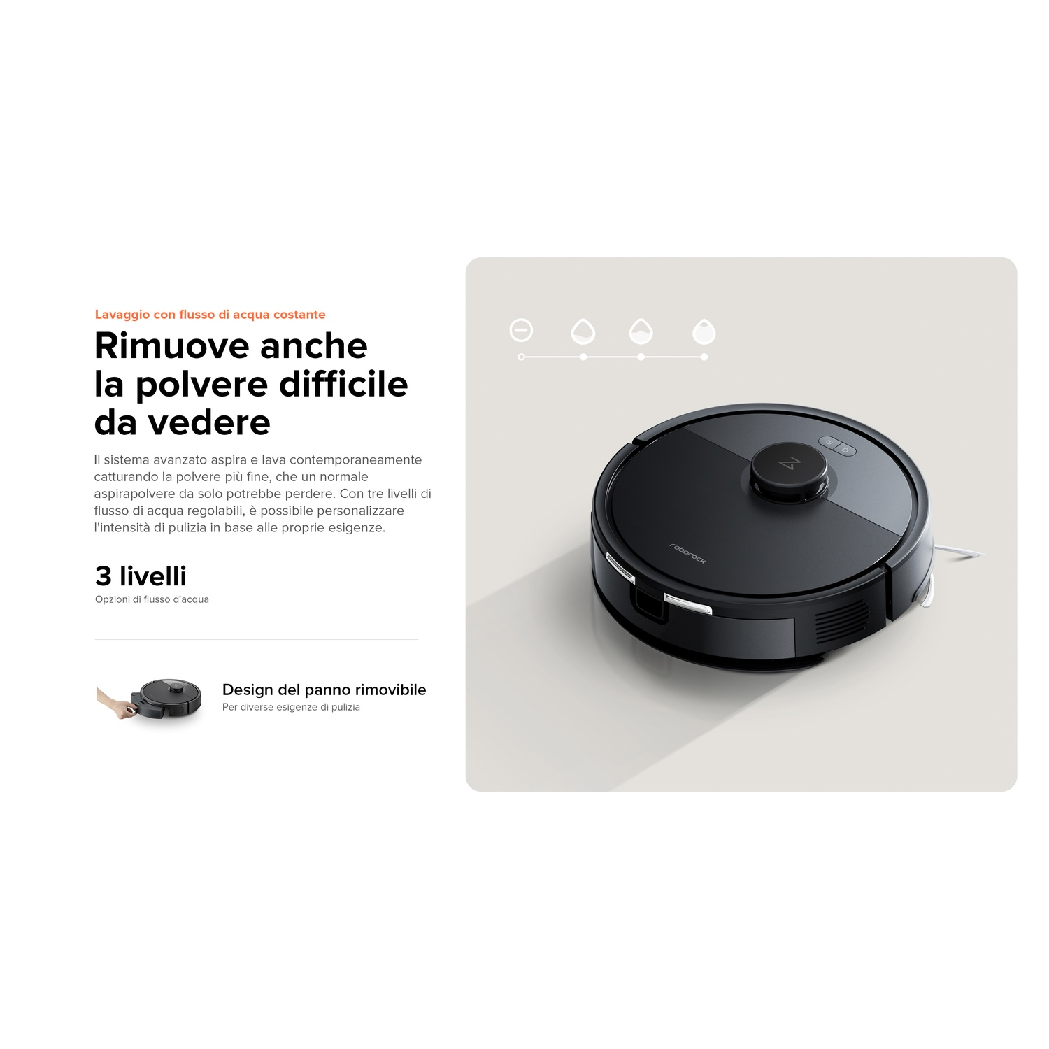 Un aspirapolvere robotico Roborock nero con un pulsante in alto. Il testo a sinistra descrive le sue caratteristiche e i suoi vantaggi.