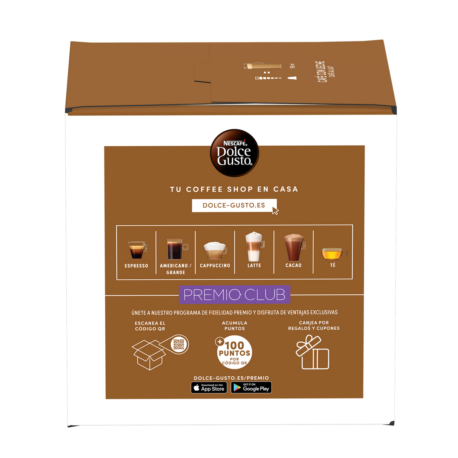 Una caja de café Dolce Gusto con tipos de café, código QR y un programa de recompensas. Incluye imágenes de Espresso, Latte y más.