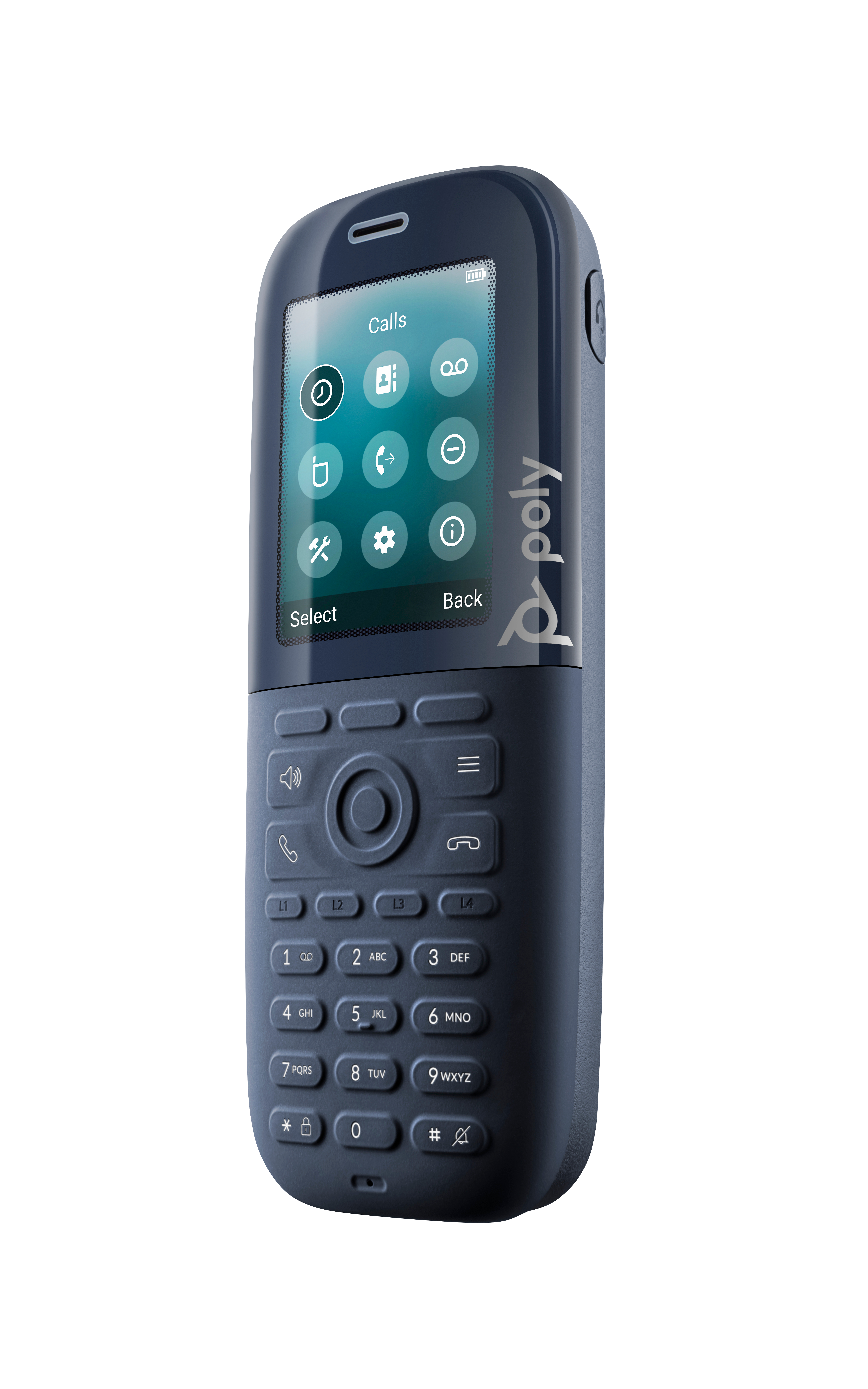 Ein marineblaues Poly-Telefon wird angezeigt. Es hat einen Bildschirm mit Anrufoptionen und eine Tastatur mit Zahlen und Symbolen.