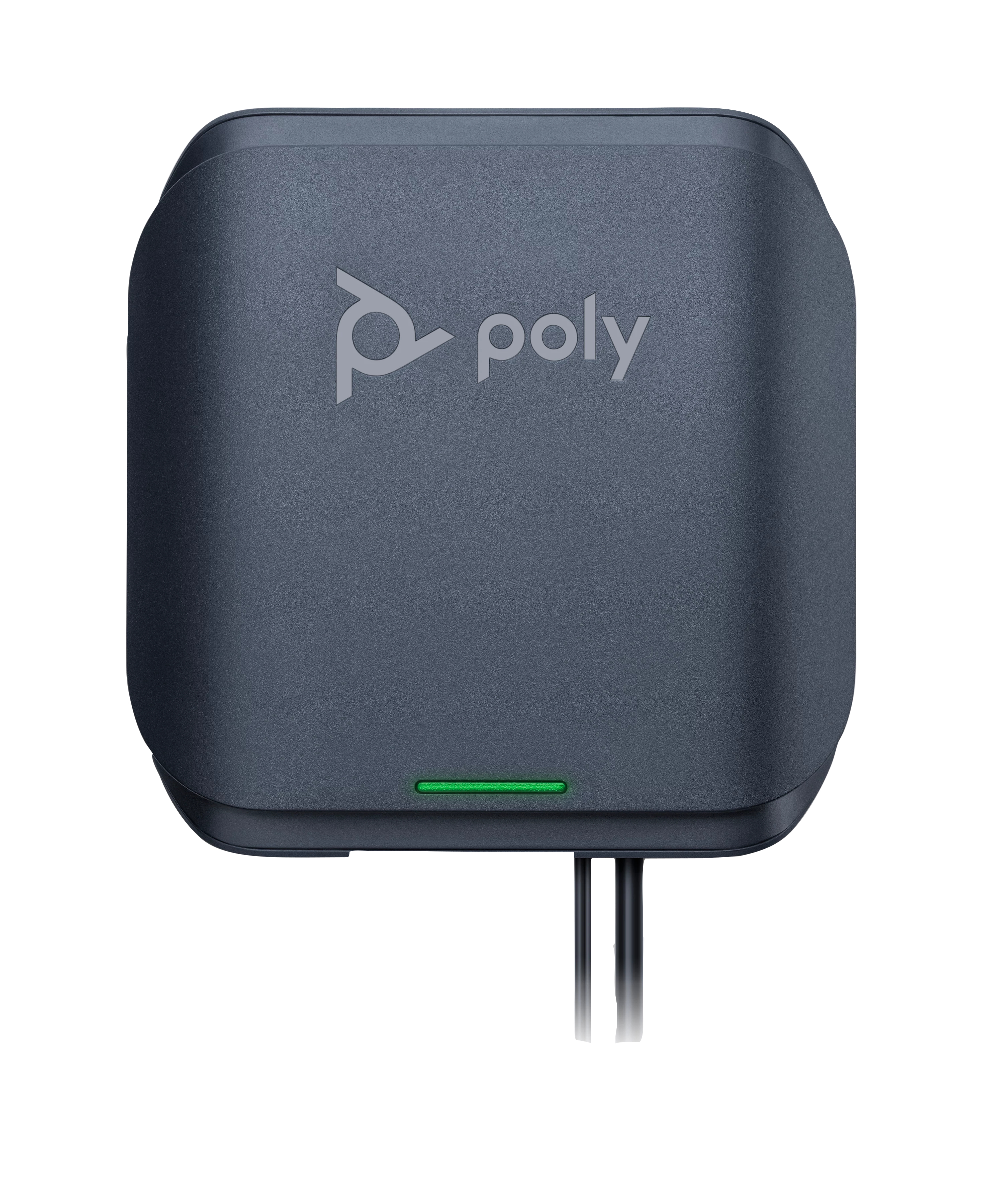 Ein dunkelgraues Poly-Gerät mit grünem Licht und dem Poly-Logo auf weißem Hintergrund.