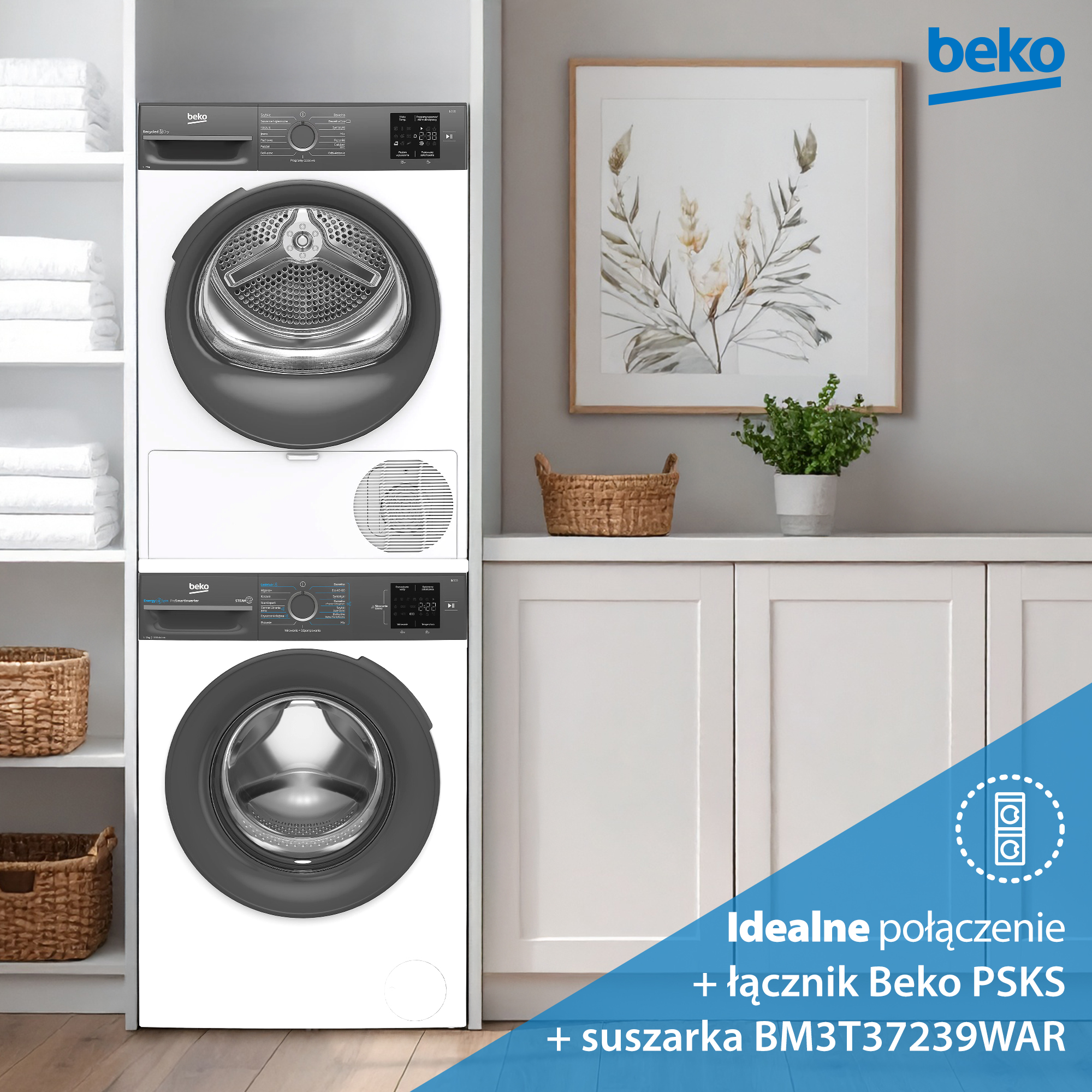 Pralka i suszarka w pokoju. Jest obraz i roślina. Wyróżnione są produkty Beko.
