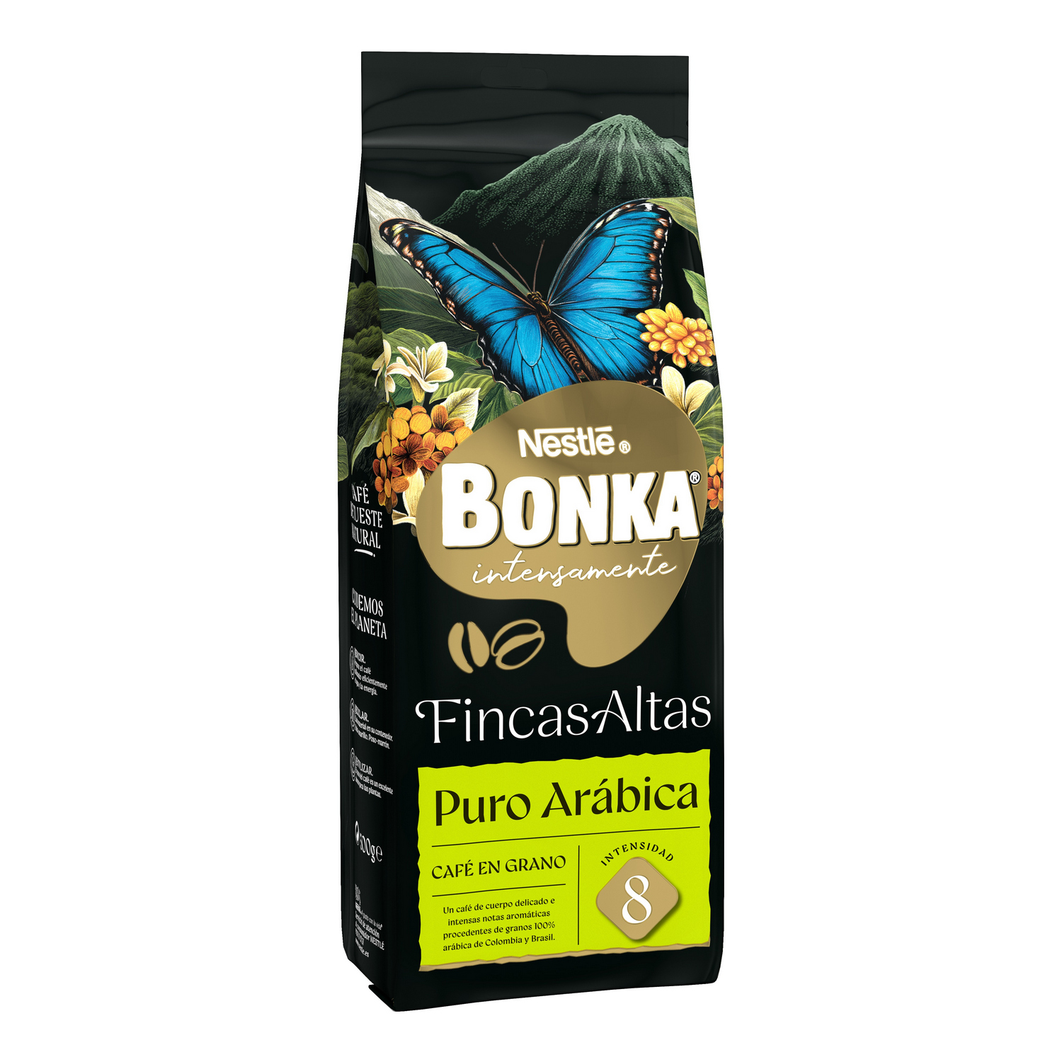 Bolsa de café con mariposa azul, montaña y flores. Marca 'Bonka' y 'Puro Arábica'. Nivel de intensidad 8.